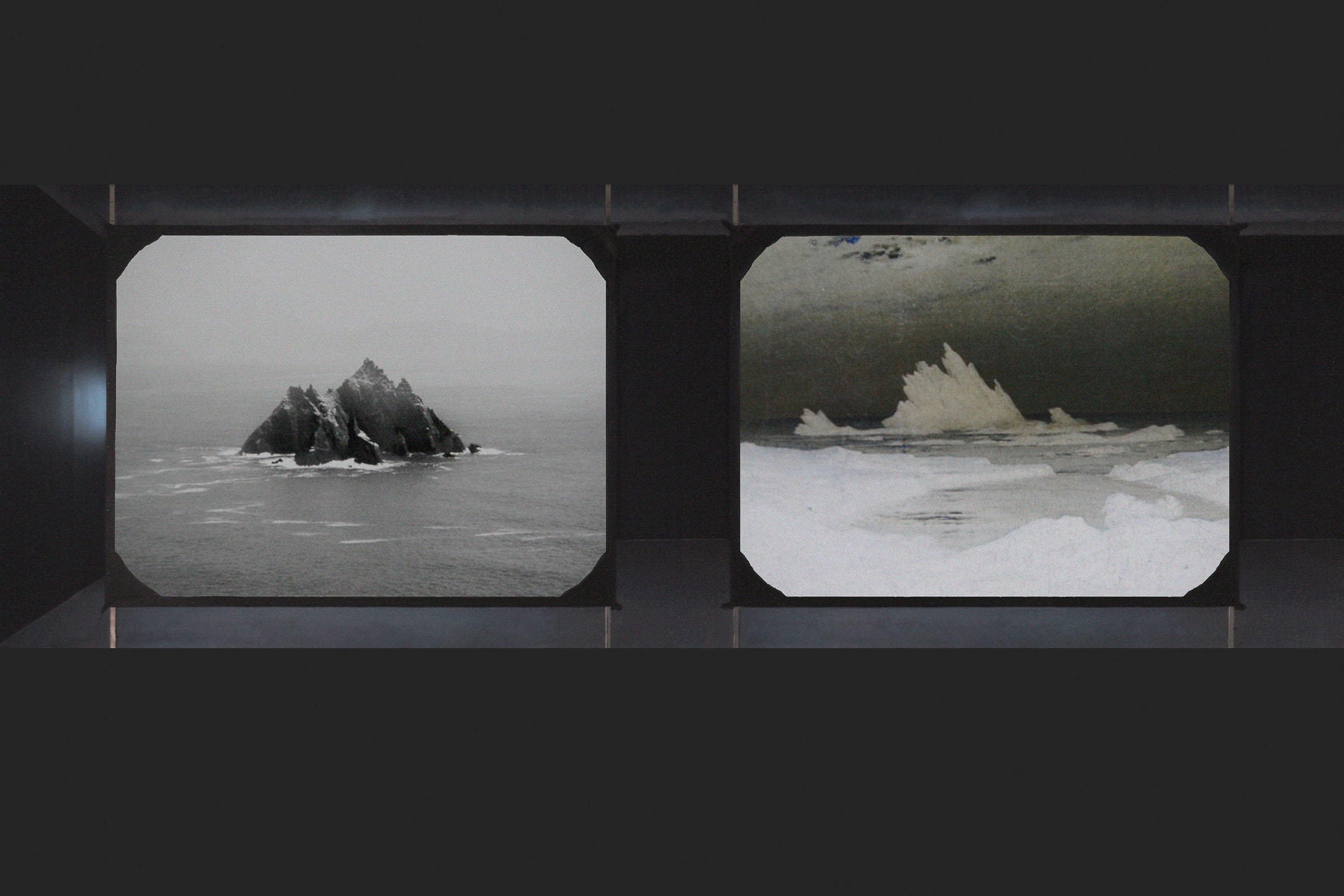 FULCRUM, SCREENING. TWO CHANNEL INSTALLATION. HUNTER COLLEGE, NEW YORK. 2013