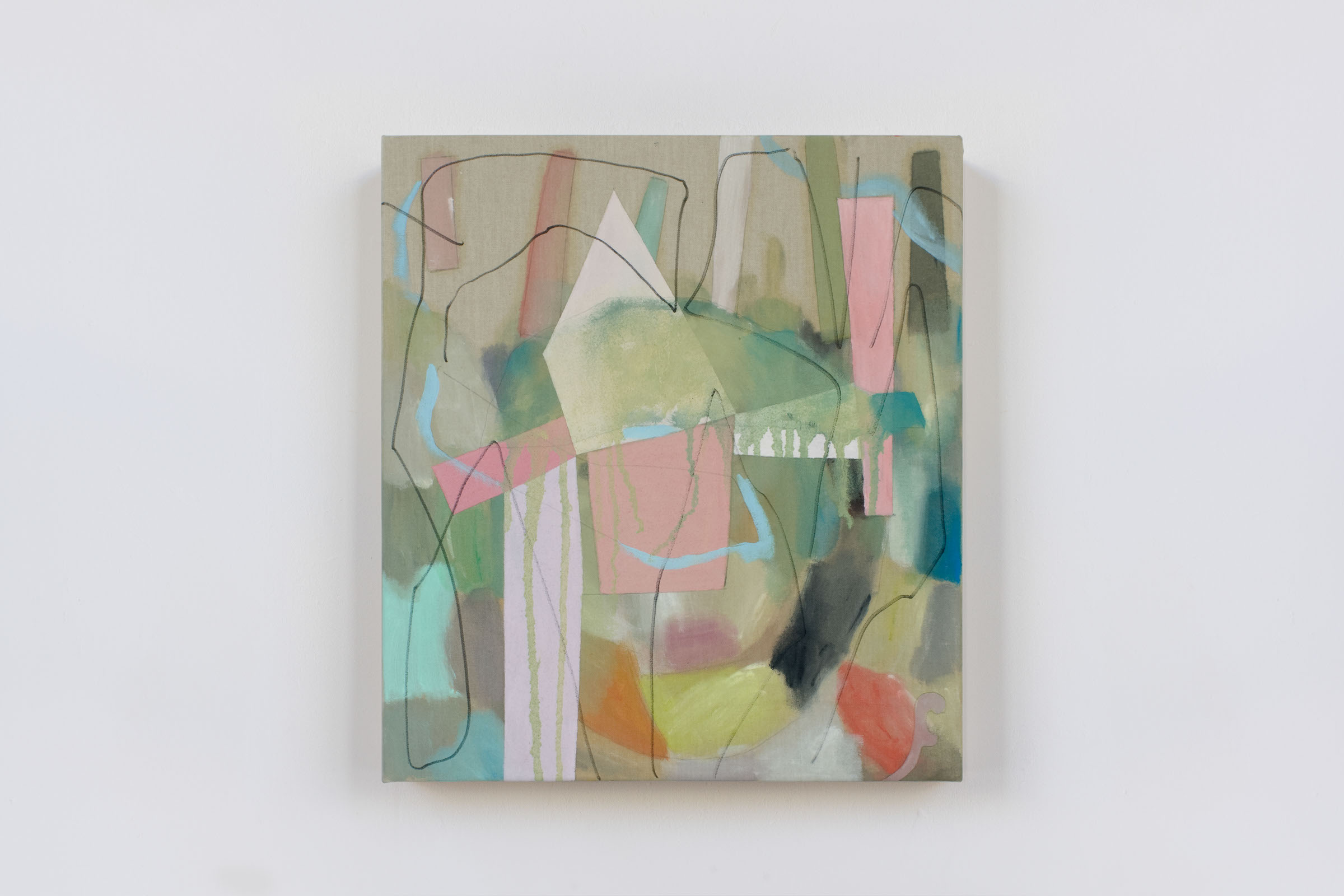 PINK FORMALIST SCULPTURE PROPOSAL. OIL, INK, GESSO, GLUE, LINEN. 18" x 16". 2009